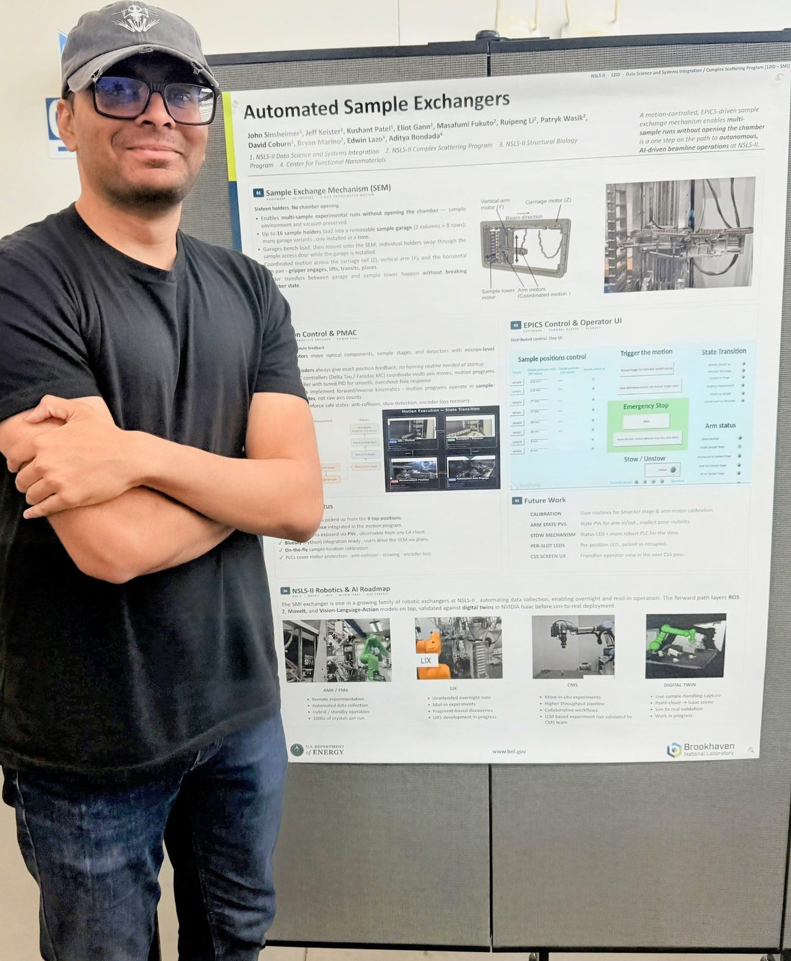 Kushant Patel presenting the Automated Sample Exchangers research poster at NSLS-II, Brookhaven